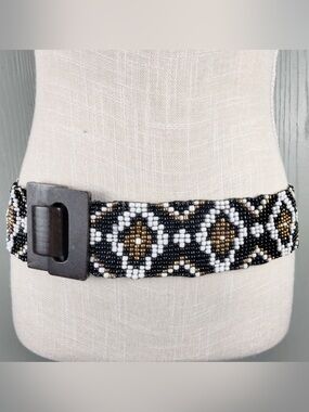 Vintage Beaded Belt Black Navajo Style Boho Hippie WIDE Western Stretchy